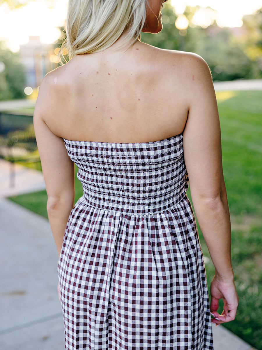 Brown Gingham Tube Striped Maxi Dress