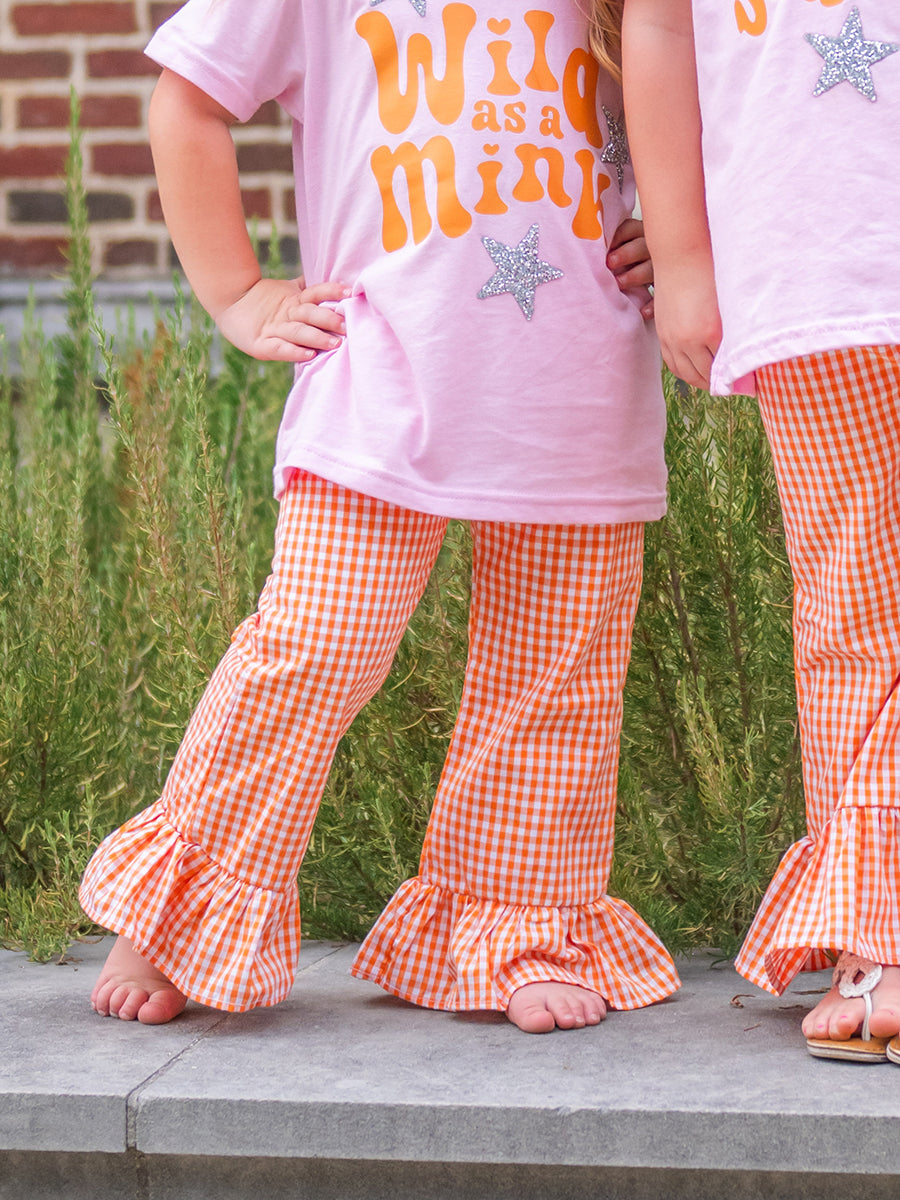 Orange and white checked little girls' pants