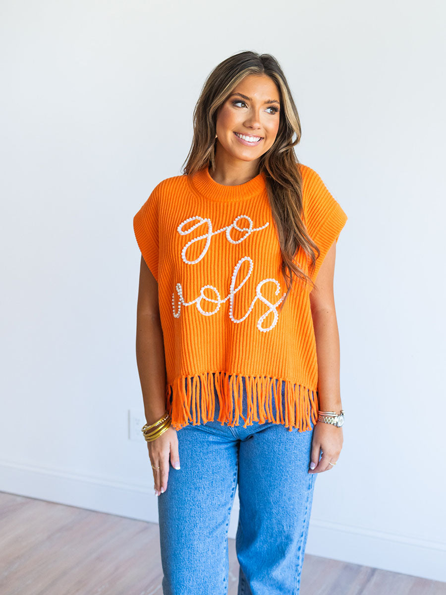 Queen of Sparkles Orange "Go Vols" Fringe Sweater Vest