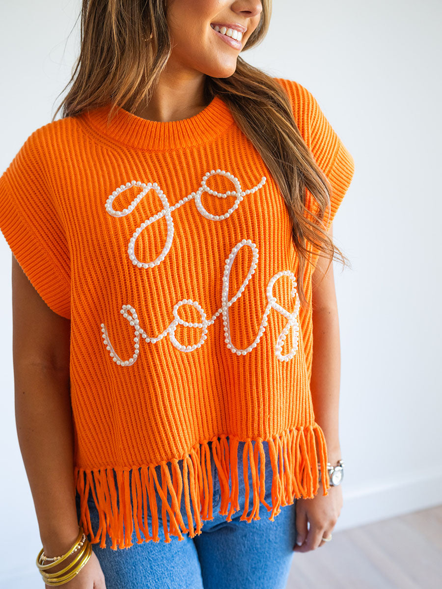 Queen of Sparkles Orange "Go Vols" Fringe Sweater Vest