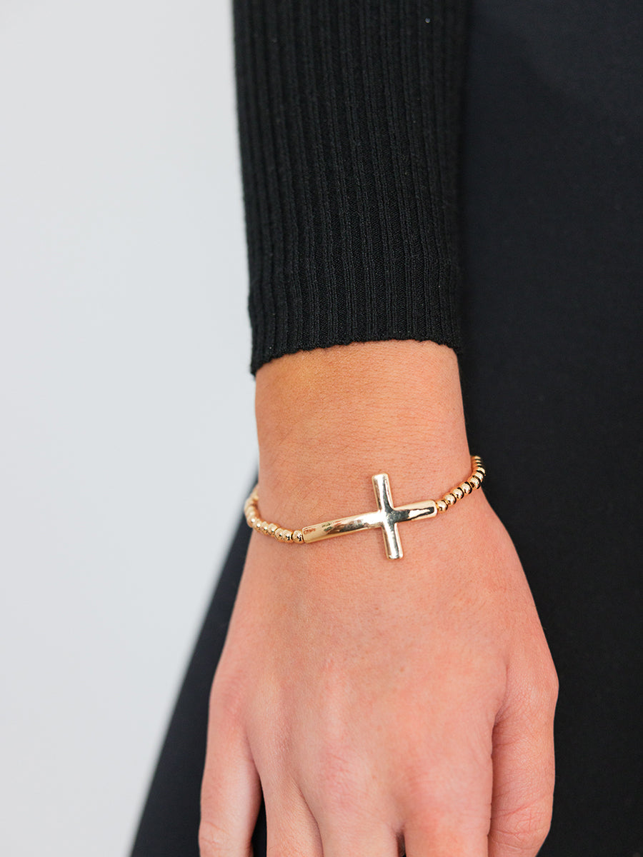 Gold Bead and Cross Bracelet