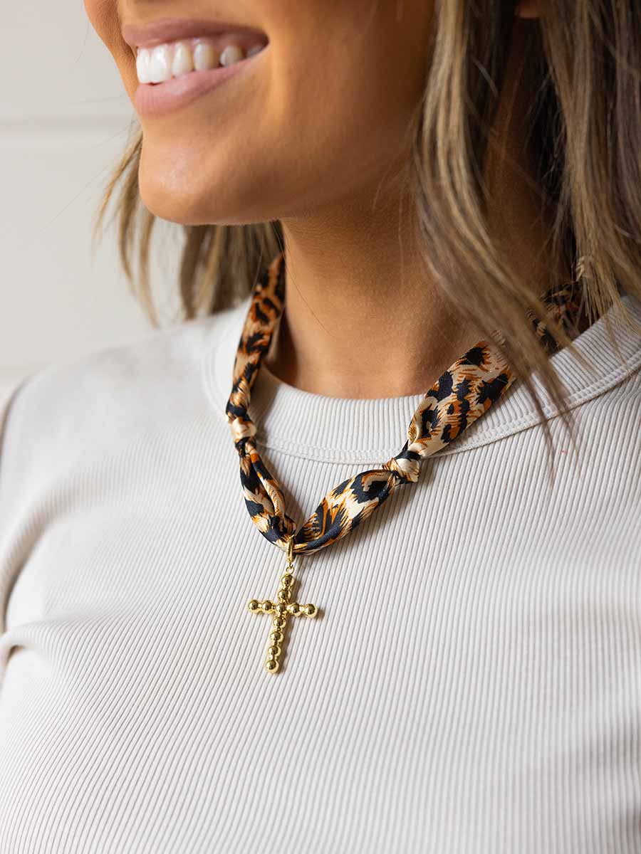 Knotted Cheetah Scarf Necklace with Cross Charm **Doorbuster**