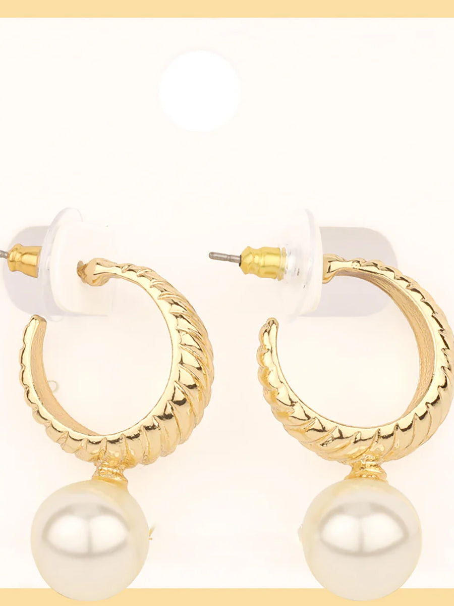 gold textured hoops with drop pearl