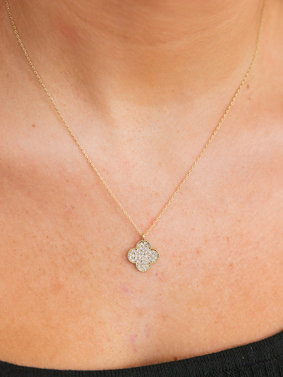 Closeup of Rhinestone Clover Charm Necklace