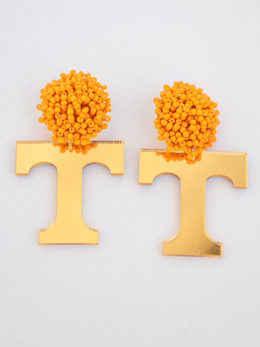 Gold Power T Earring with orange beaded stud