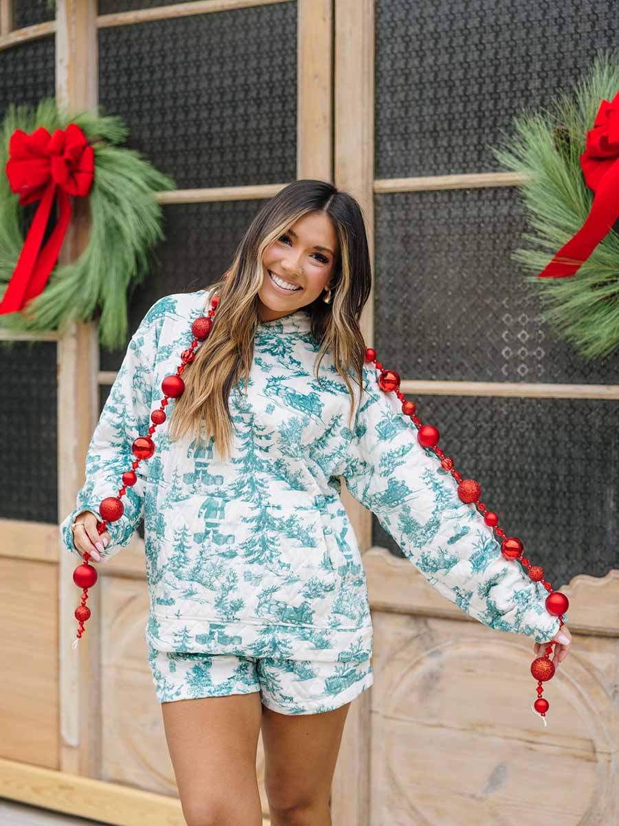 Green Holiday Toile Quilted Velour Hoodie Set