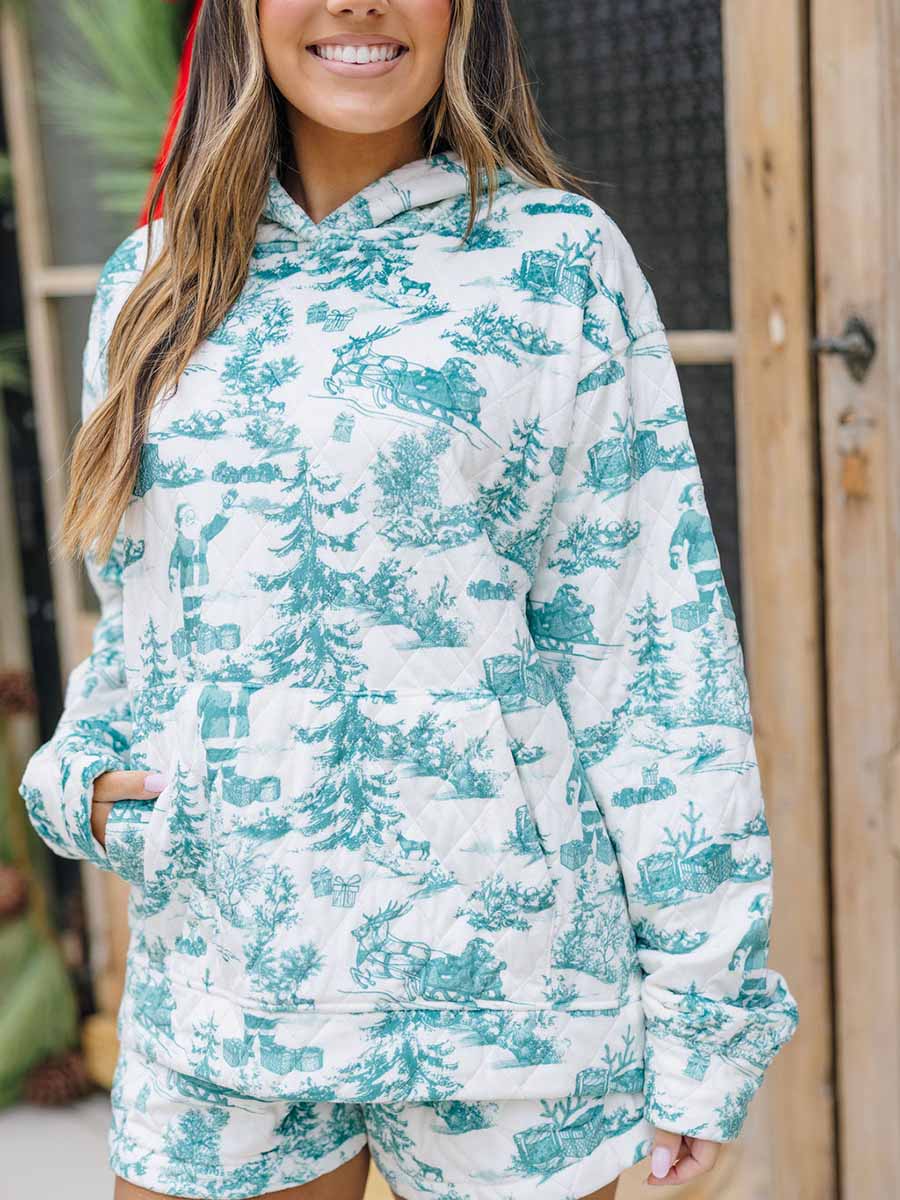 Green Holiday Toile Quilted Velour Hoodie Set
