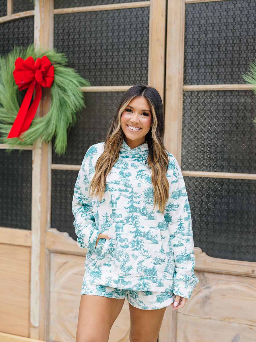 Green Holiday Toile Quilted Velour Hoodie Set