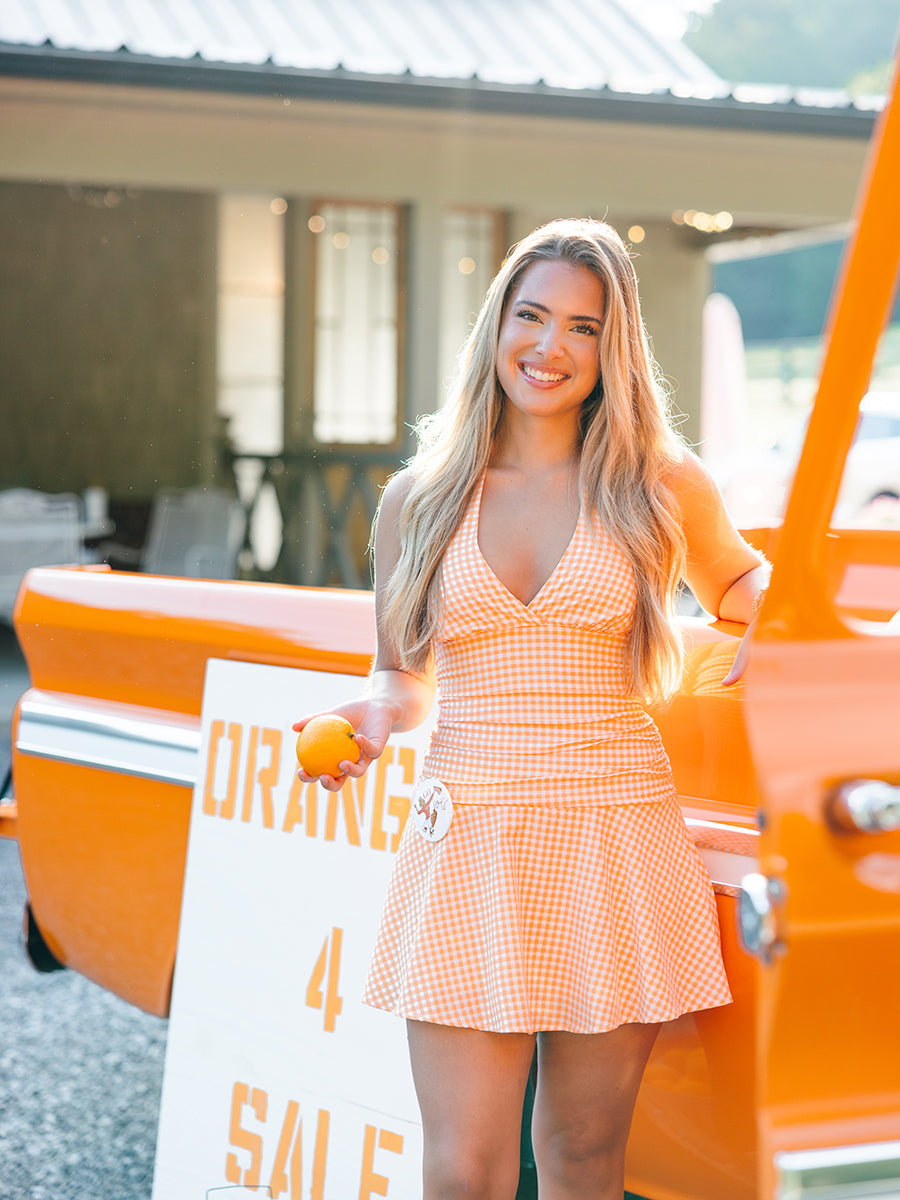 Orange Gingham Halter Mini Dress