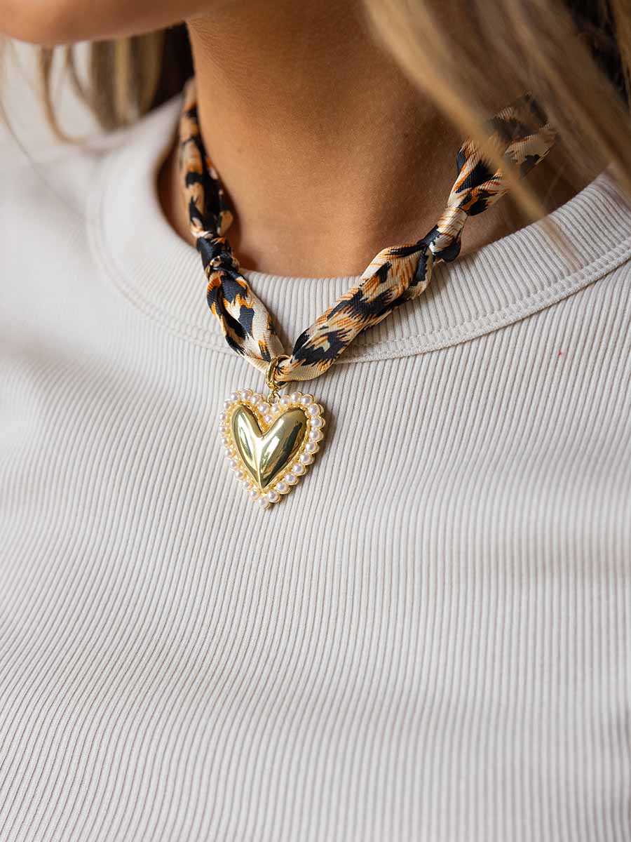 Cheetah Scarf Necklace w/ Pearl and Gold Heart Charm **Doorbuster**