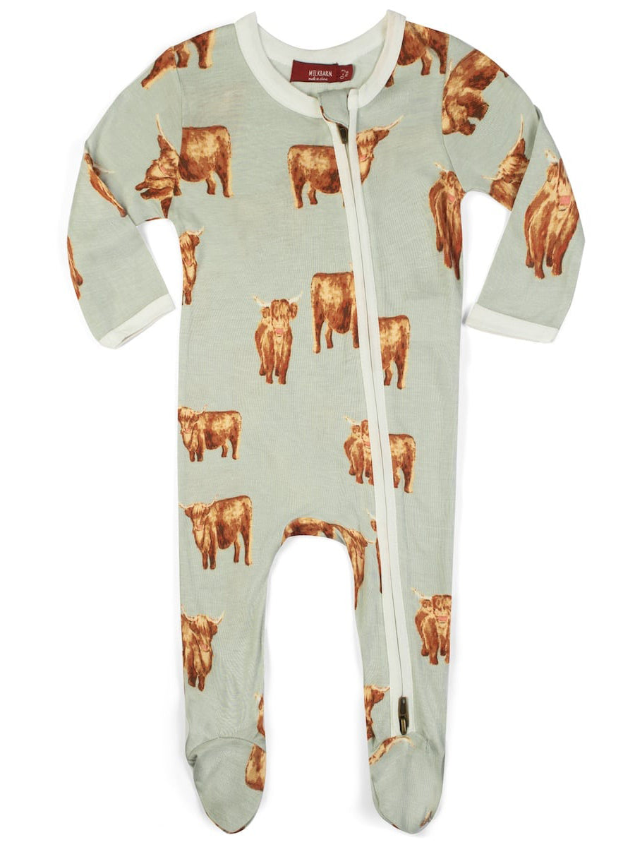 Highland Cow Bamboo Zipper Footed Romper