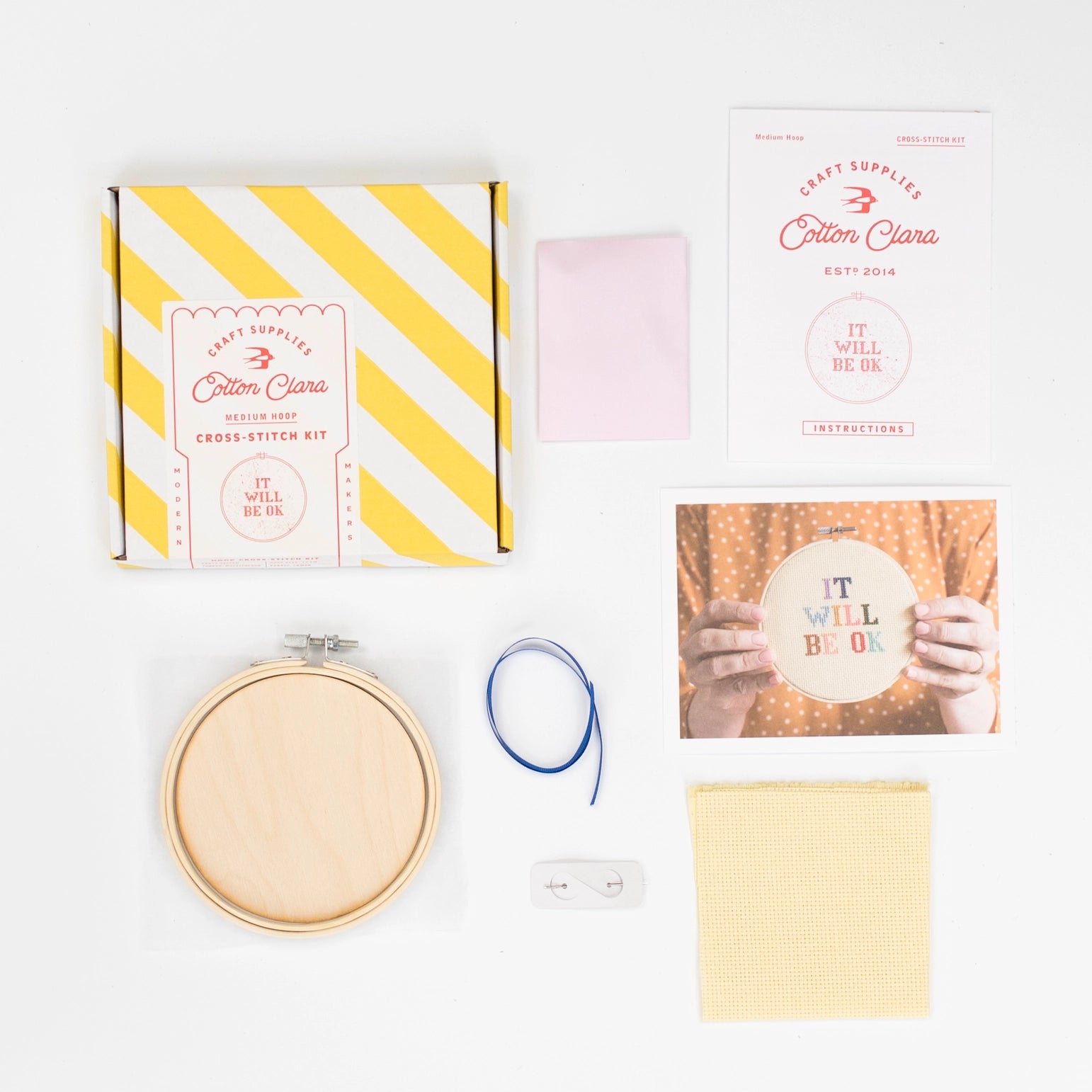 Contents of  the "It Will Be Ok" Cross Stitch Kit 