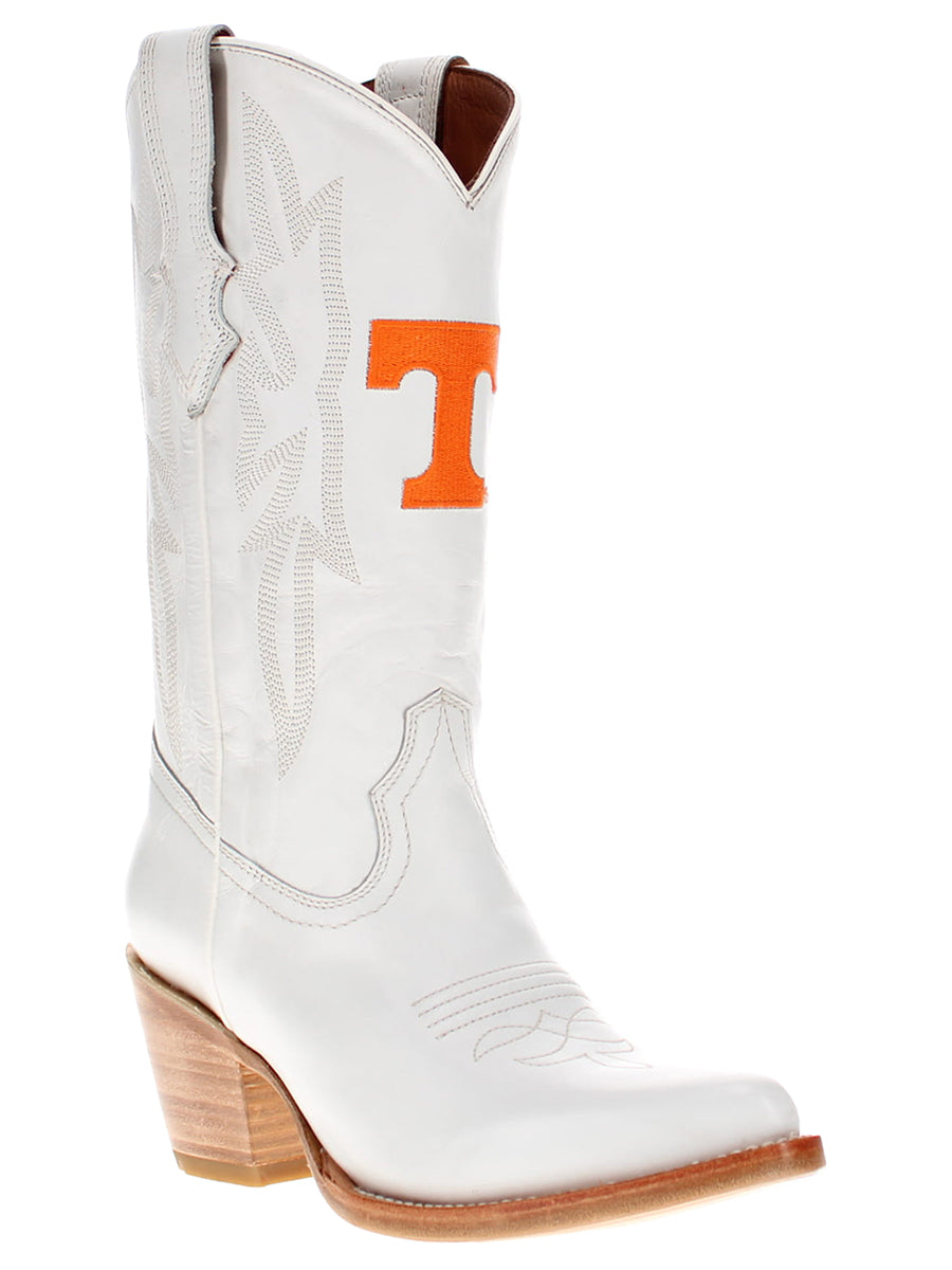 White cowboy boot with orange Power T