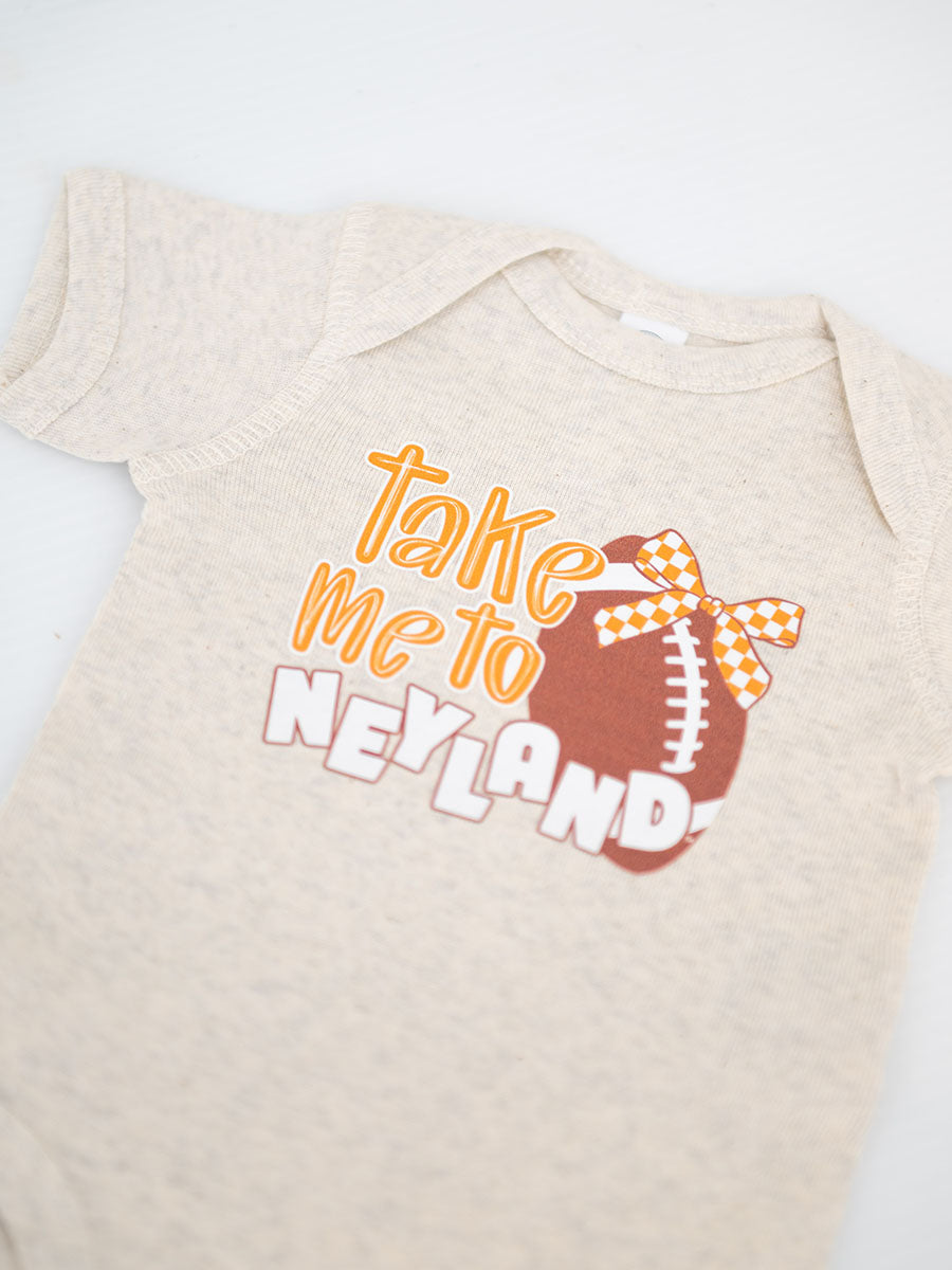 "Take me to Neyland" with football and bow onesie