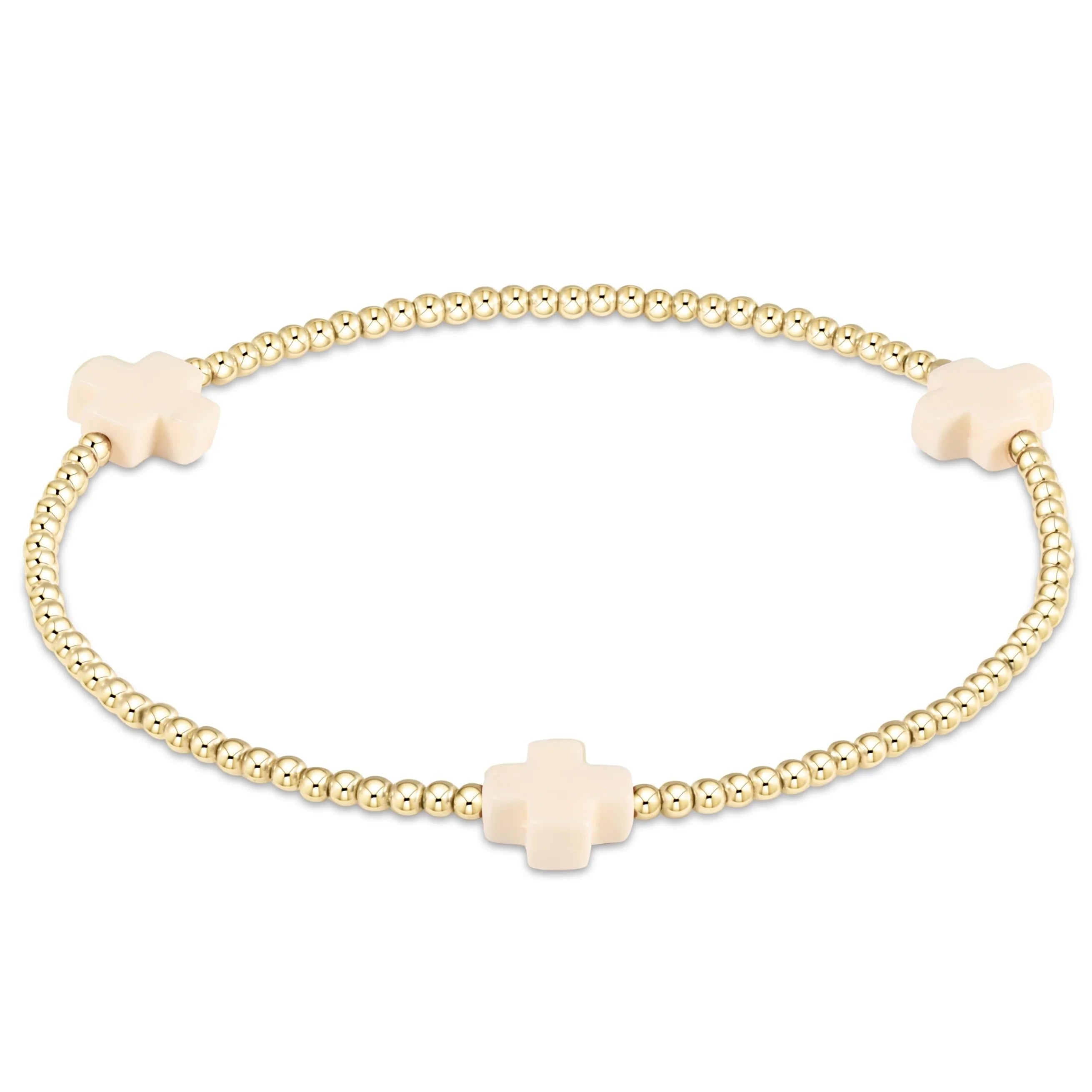 E-Newton Three Cream Cross Charms on Gold Beaded Bracelet