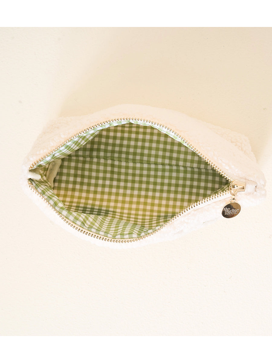 green gingham lined teddy pouch