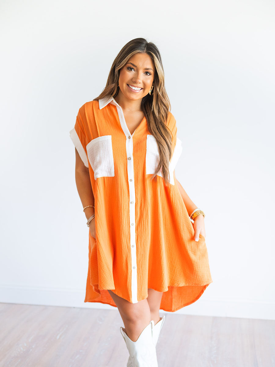 Gauze Colorblock Shirt Dress