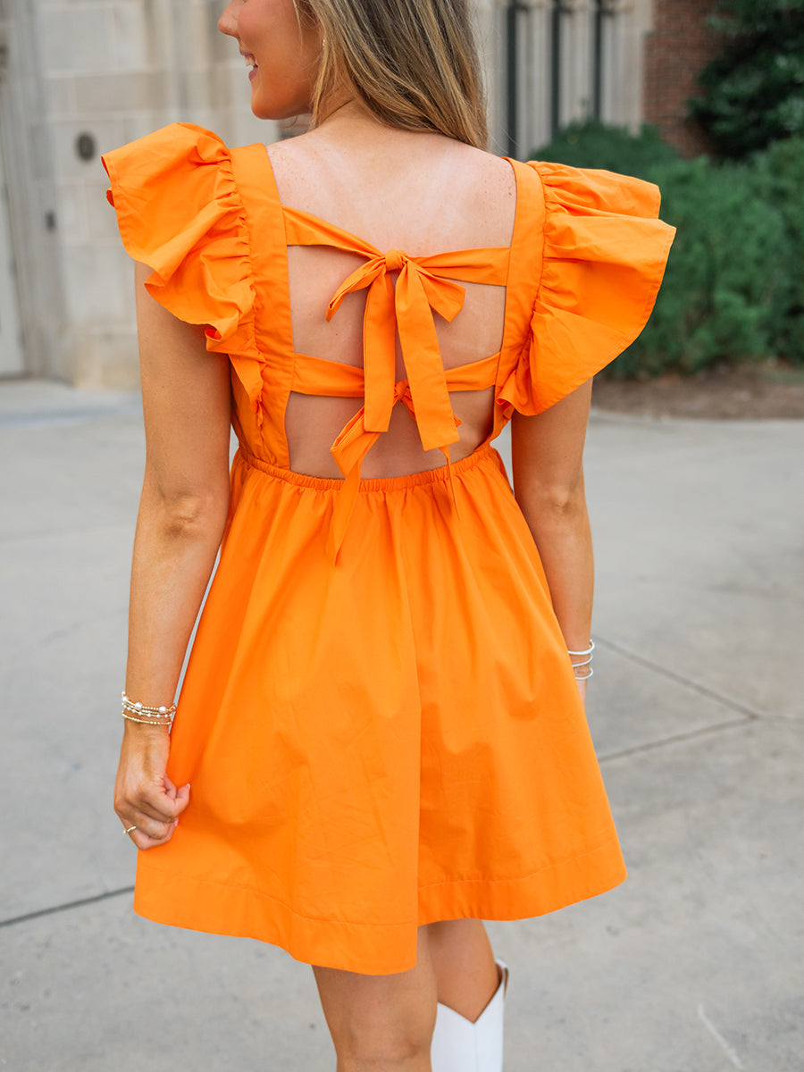 Orange Tie Back Ruffle Mini Dress