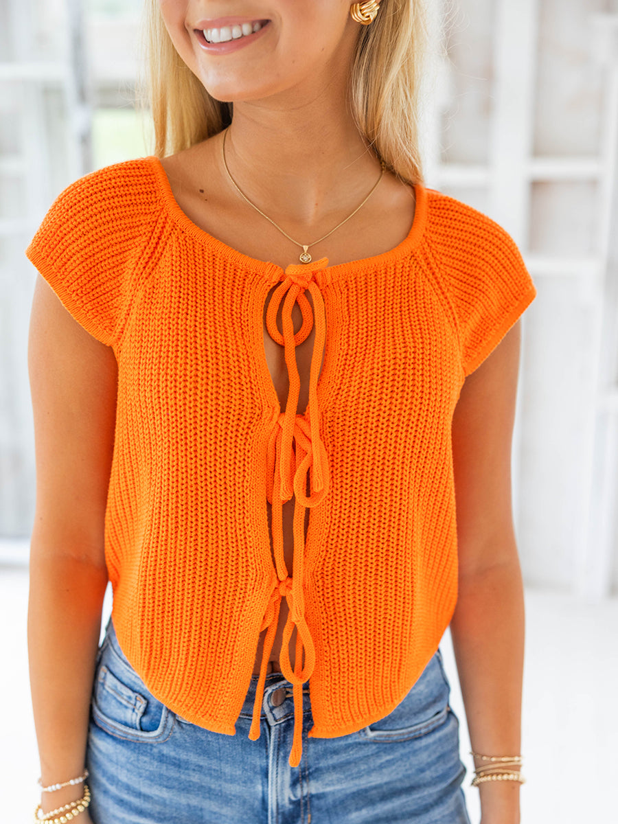 Orange Front Tie Sleeveless Sweater Cardigan