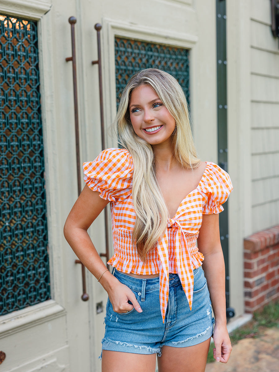 Orange and White Check Puff-Sleeve Top with bow tie front