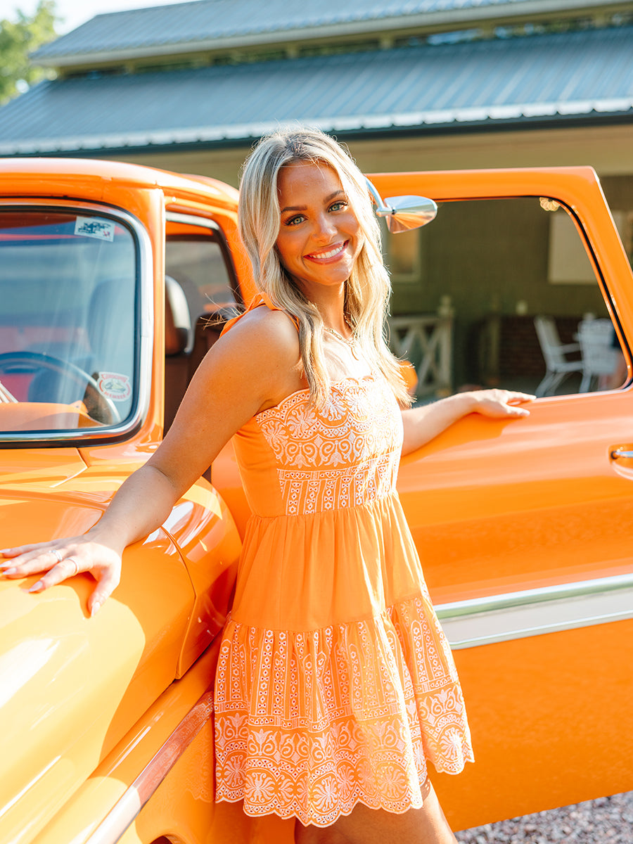 Orange Embroidered Scallop Hem Dress
