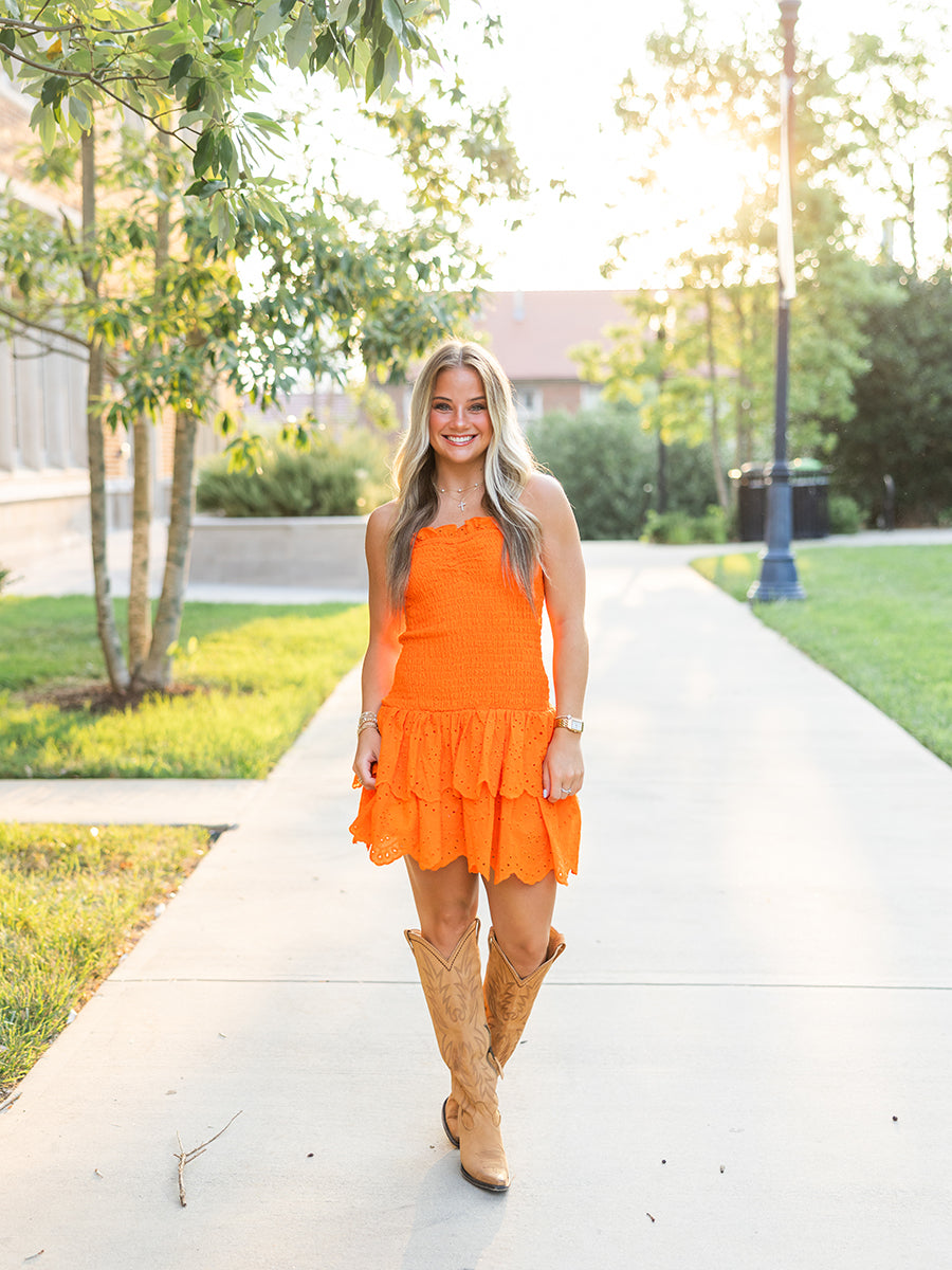 Orange Smocked Mini Dress with Eyelet Skirt - Southern Made Orange Smocked Mini Dress with Eyelet Skirt - Southern Made