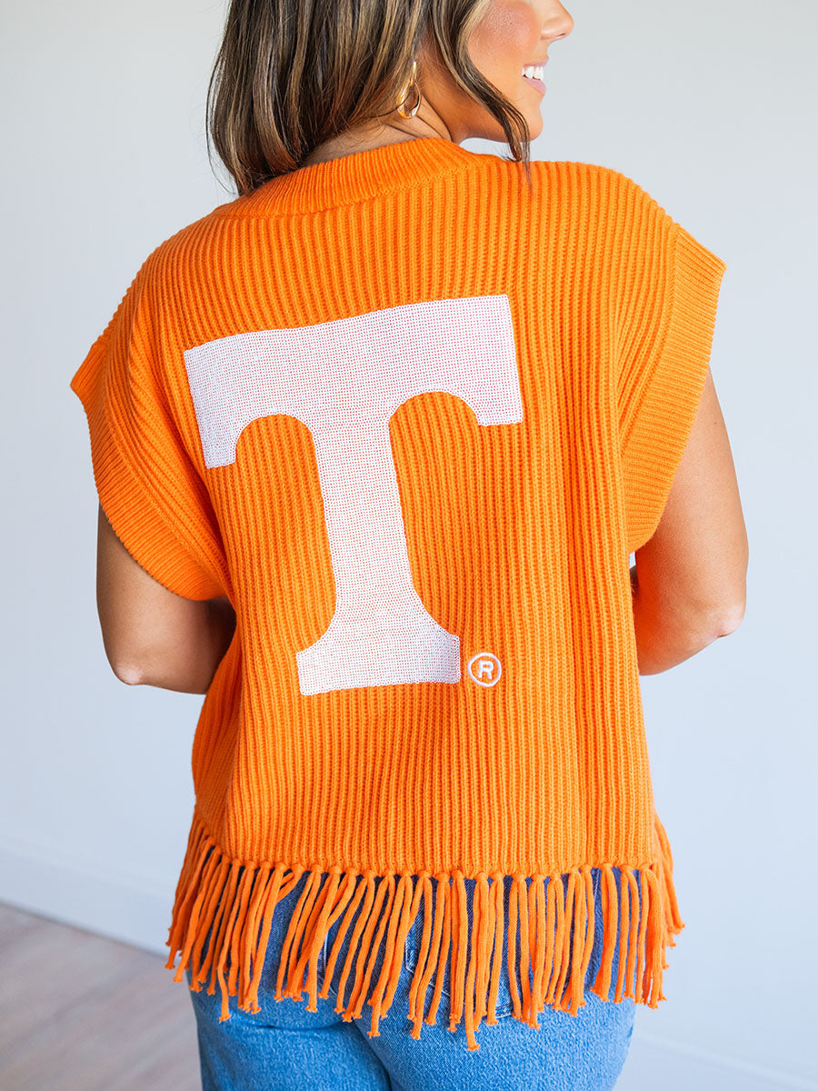 Queen of Sparkles Orange "Go Vols" Fringe Sweater Vest