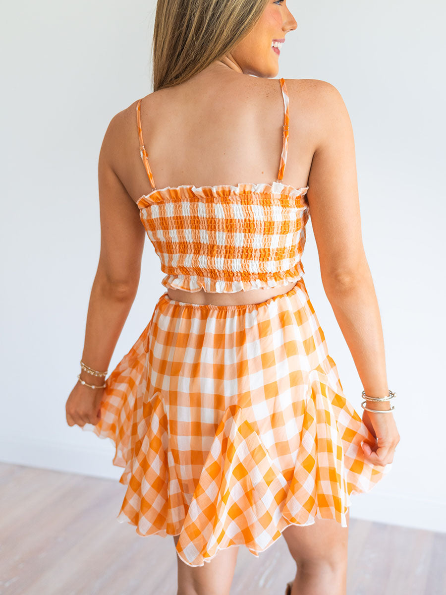 Orange gingham dress with back slit