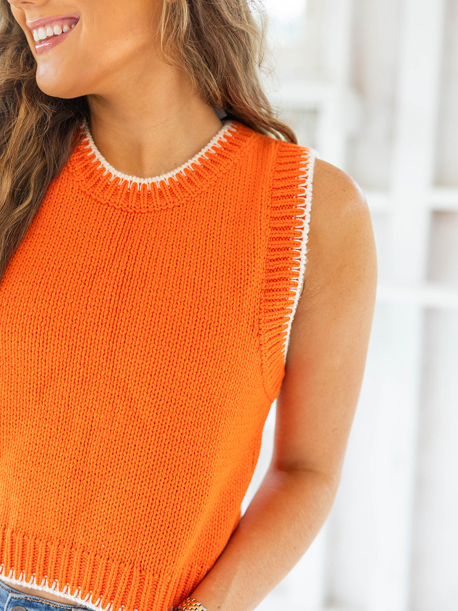 Orange Sleeveless Sweater with Stitching Detail