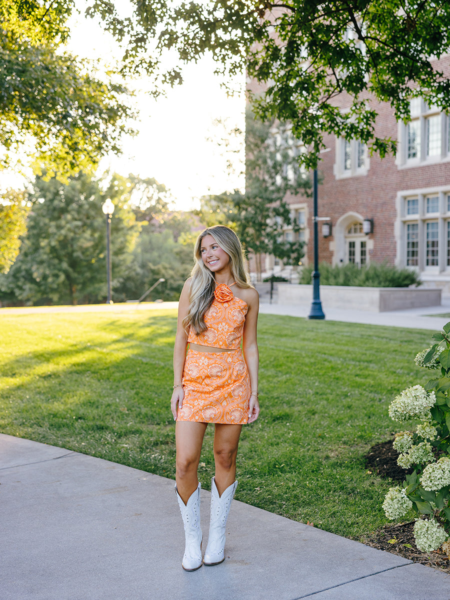 Orange Paisley Rosette Halter Crop Top