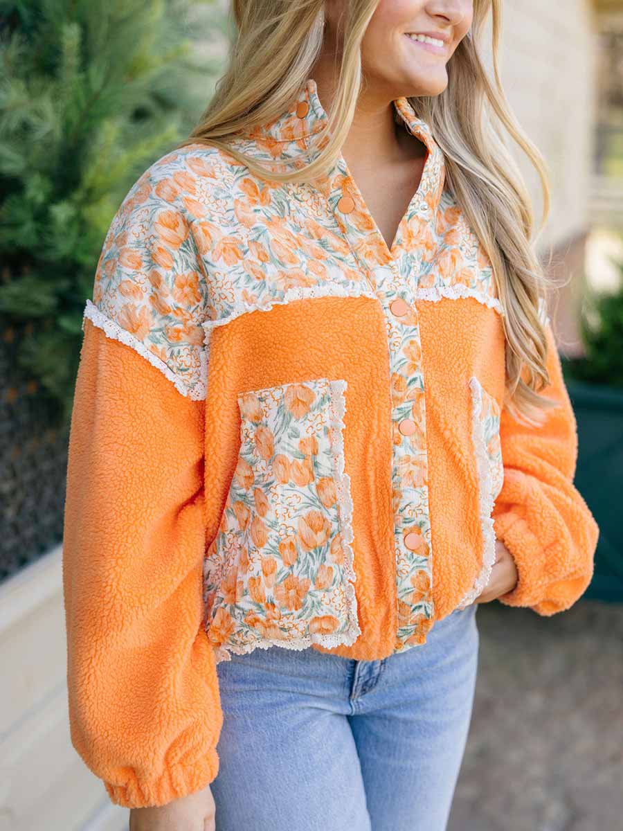 Orange Floral Teddy Sherpa Jacket **Doorbuster**