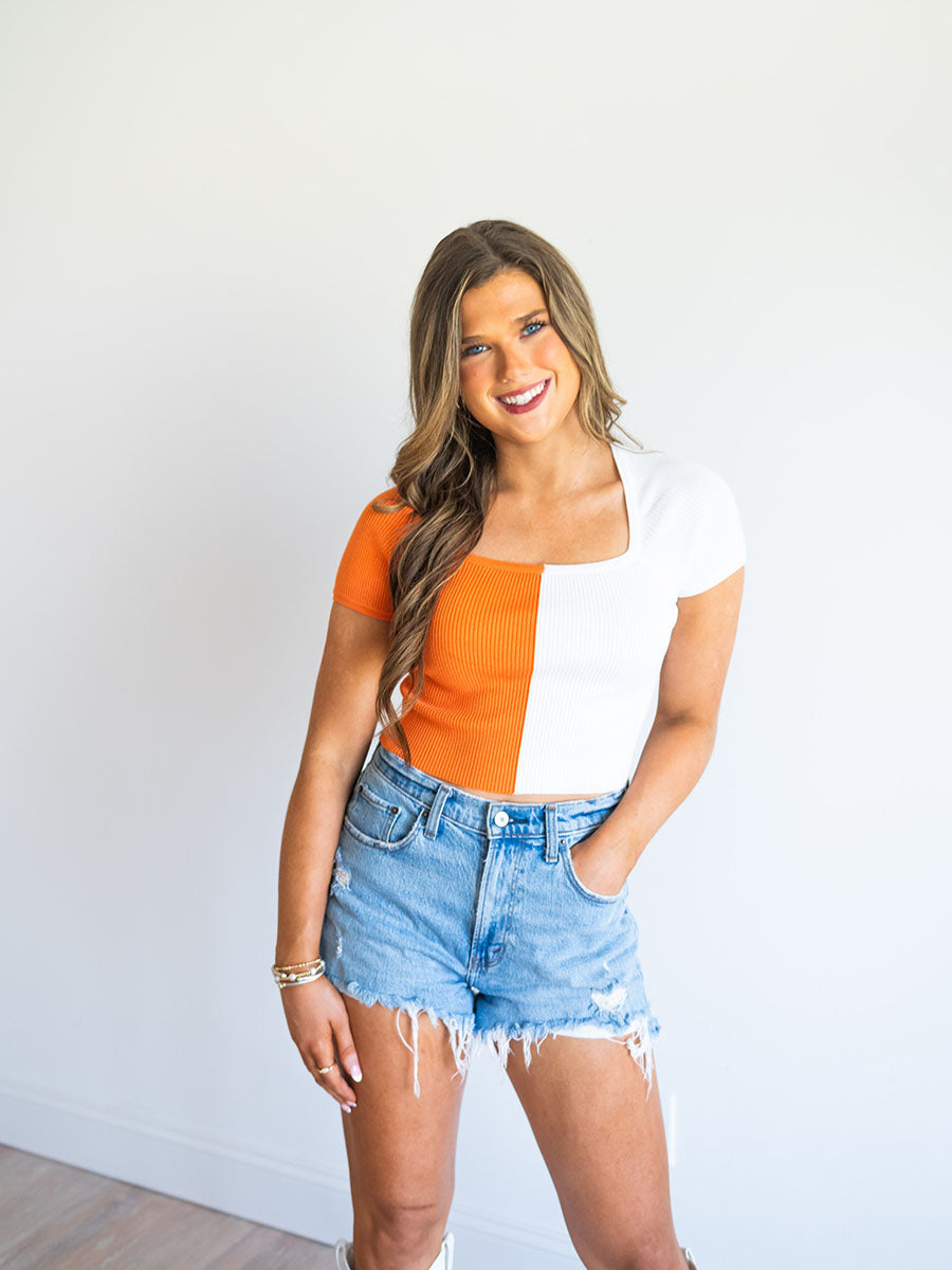 orange and white colorblock crop top