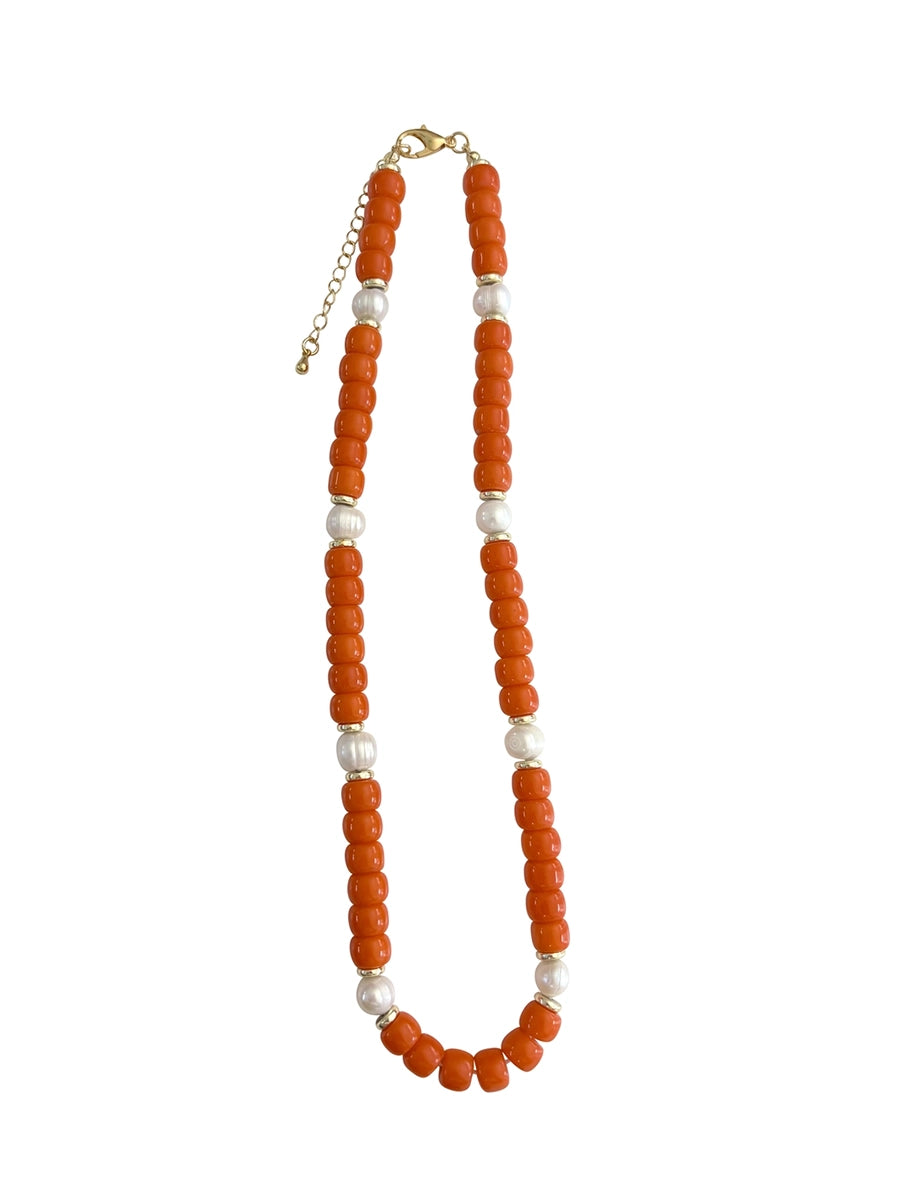 Orange and Pearl Beaded Necklace 