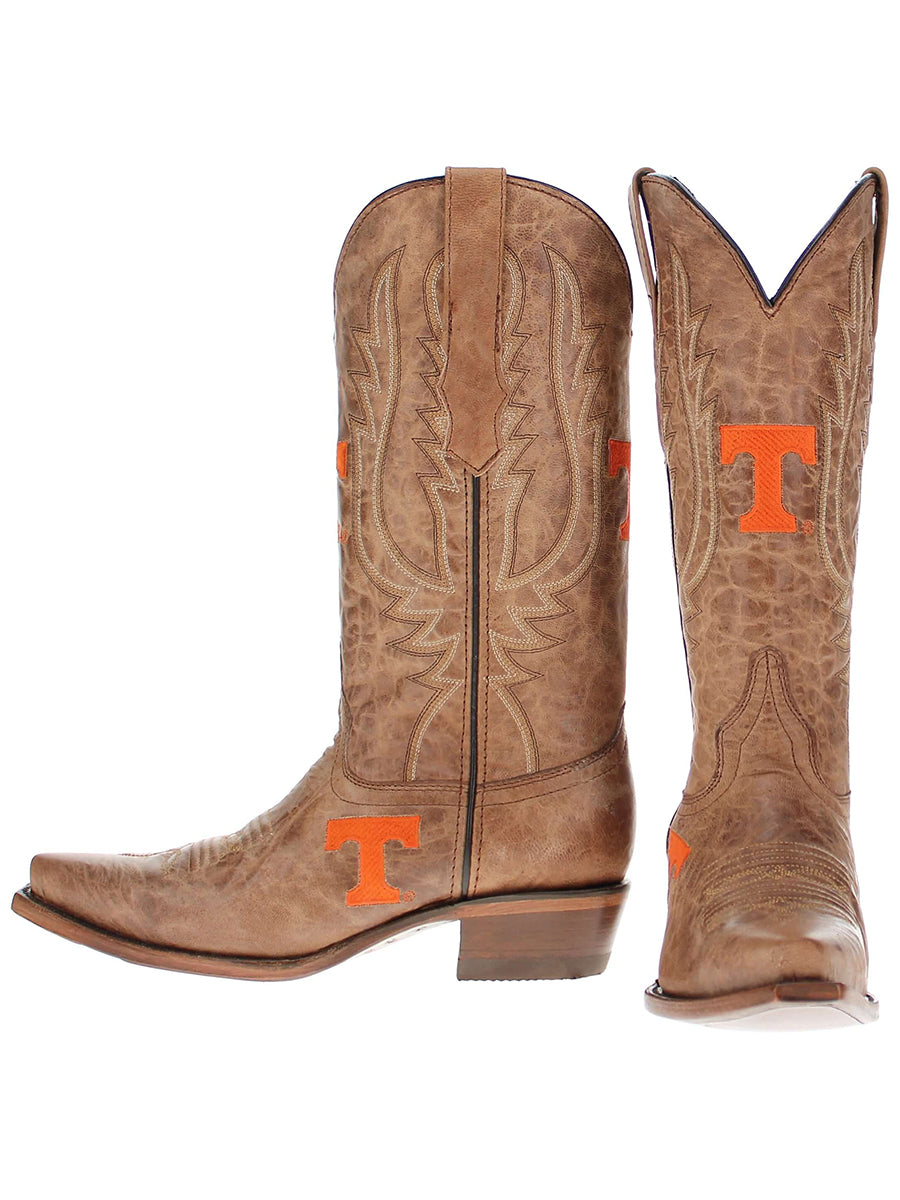 Brown cowboy boots with orange 'T' logo
