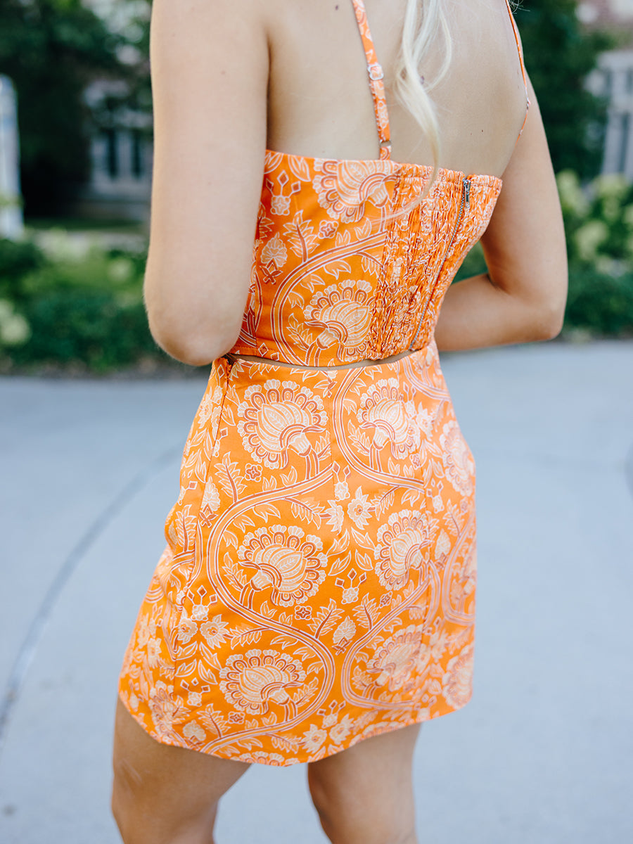 Orange Paisley Floral Print Mini Skirt