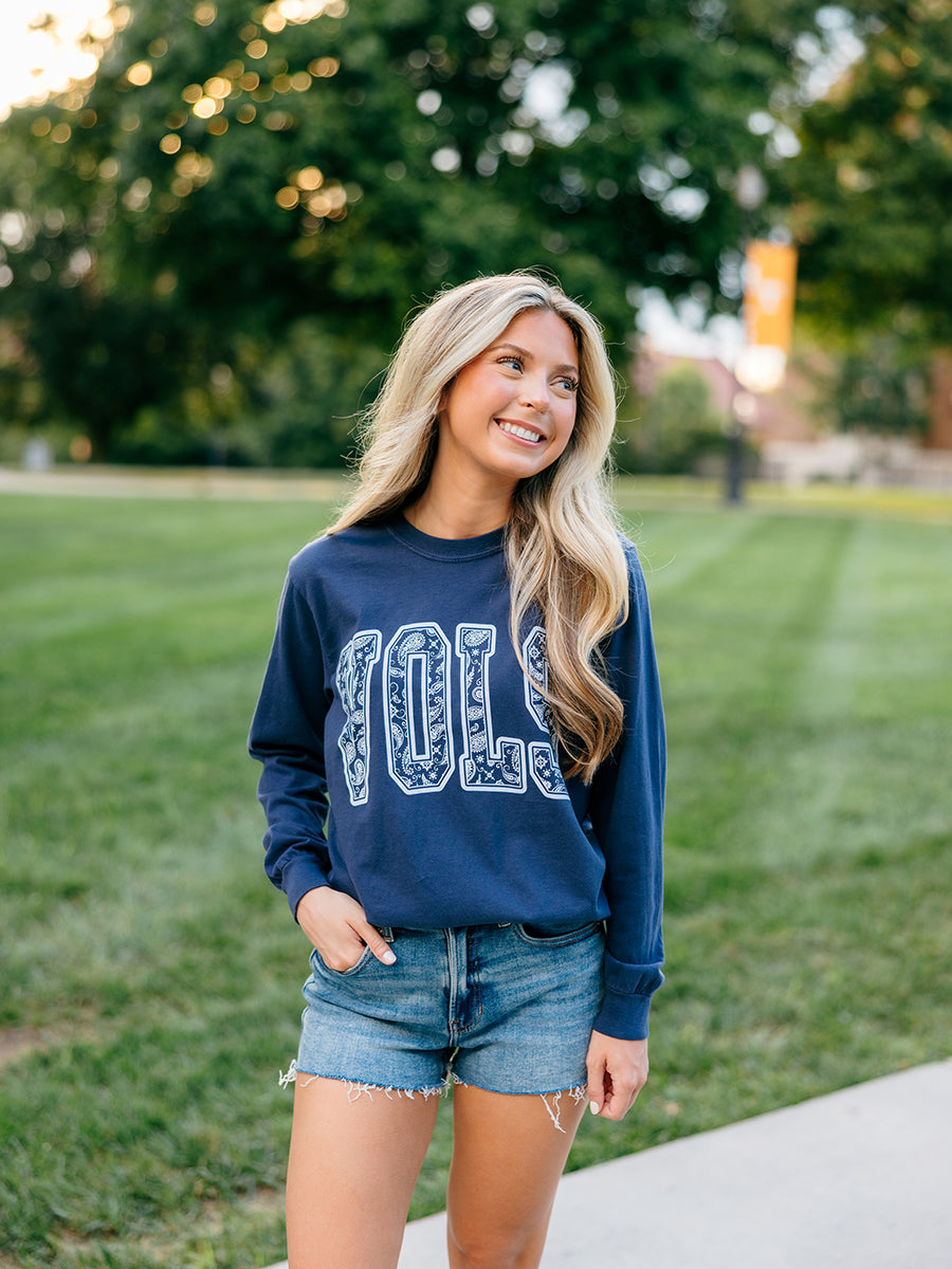 "VOLS" Paisley Print Long-Sleeve Blue Tee