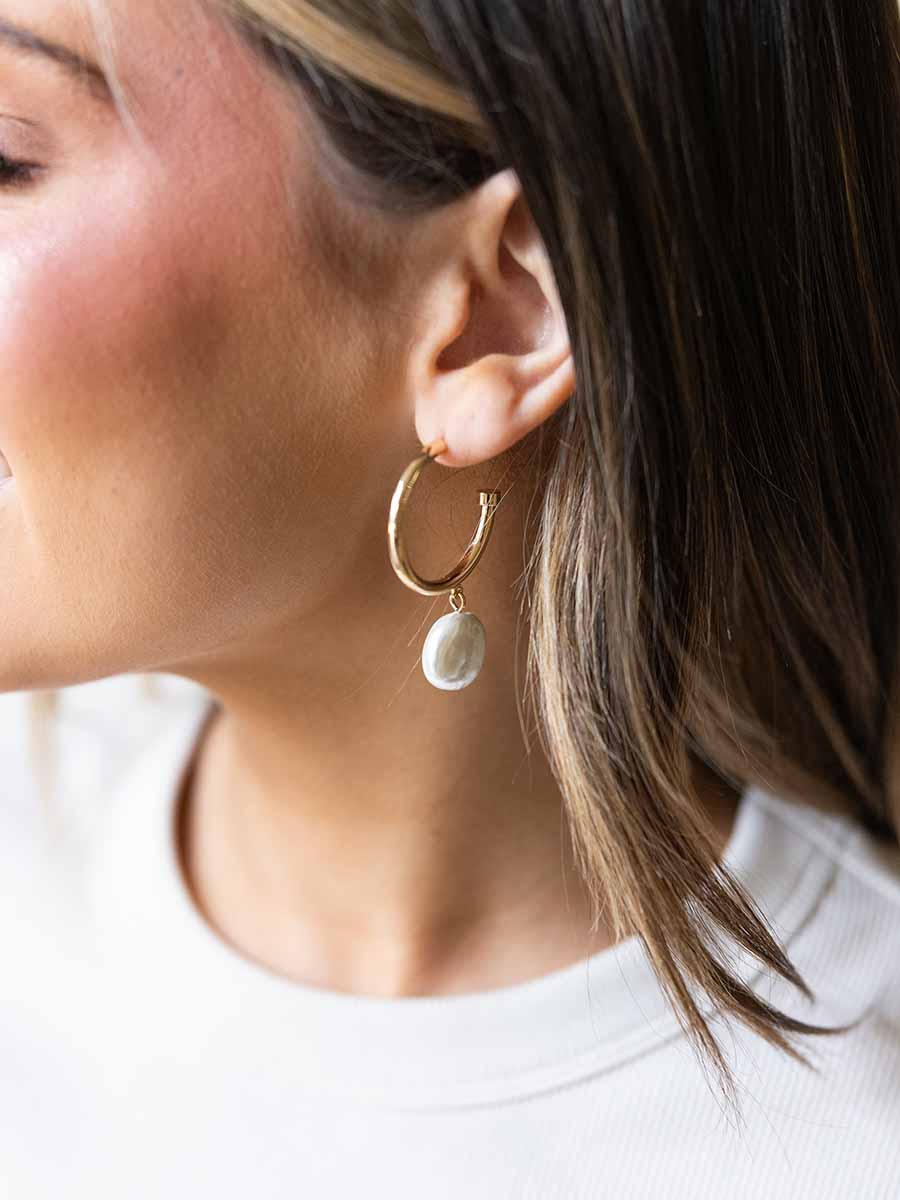 Flat Pearl Drop Gold Hoop Earrings **Doorbuster**