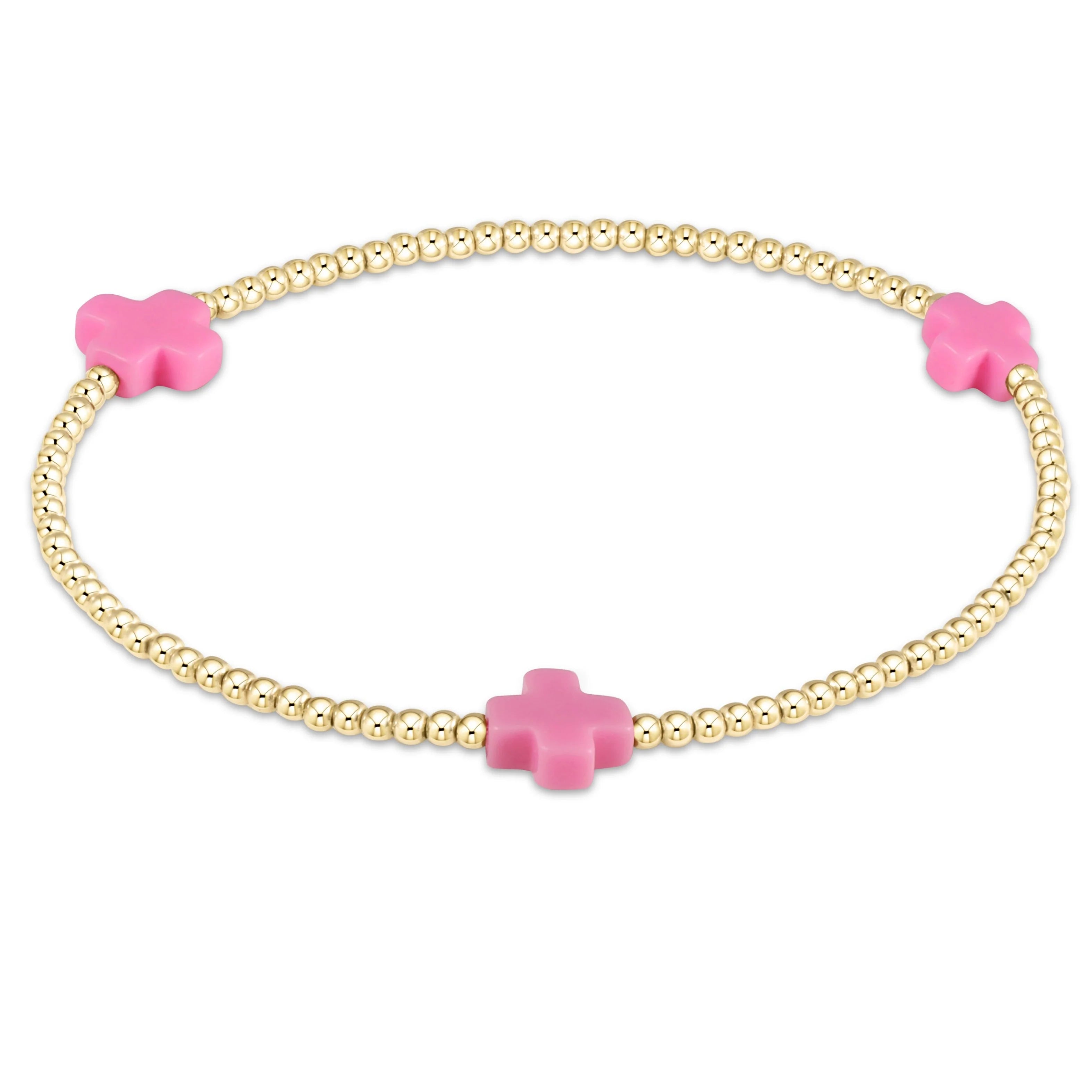 E-Newton Three Pink Cross Charms on Gold Beaded Bracelet