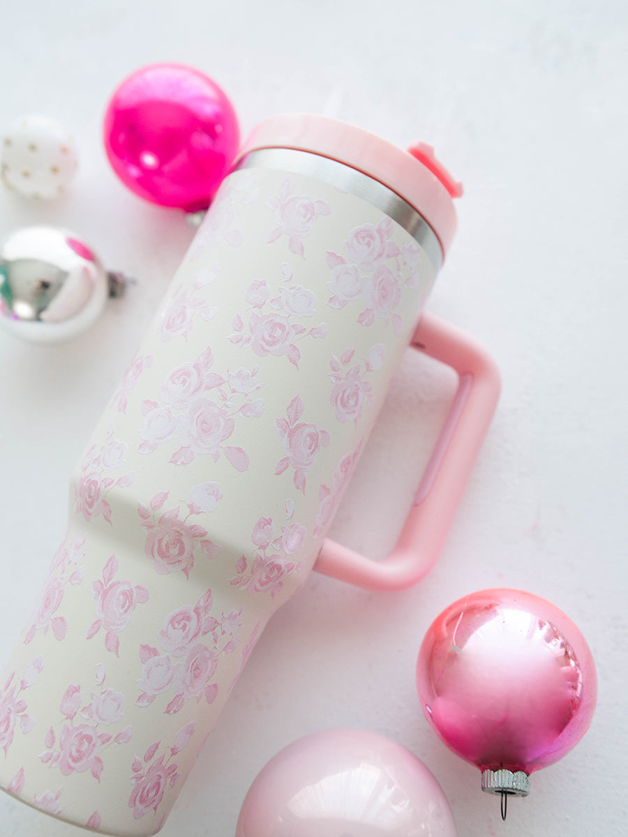 Cream with Pink Floral 40 oz. Tumbler