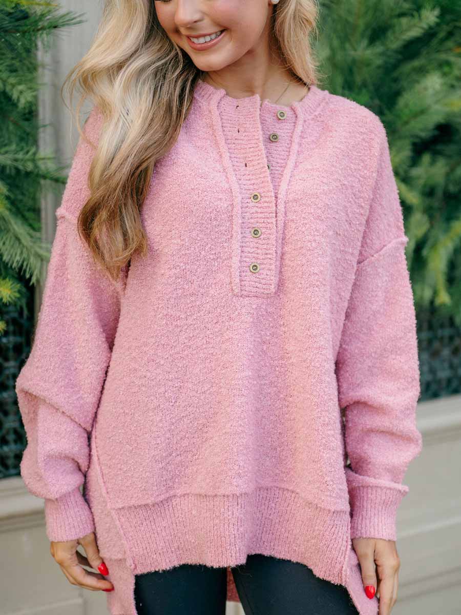 Pink Henley Textured Sweater