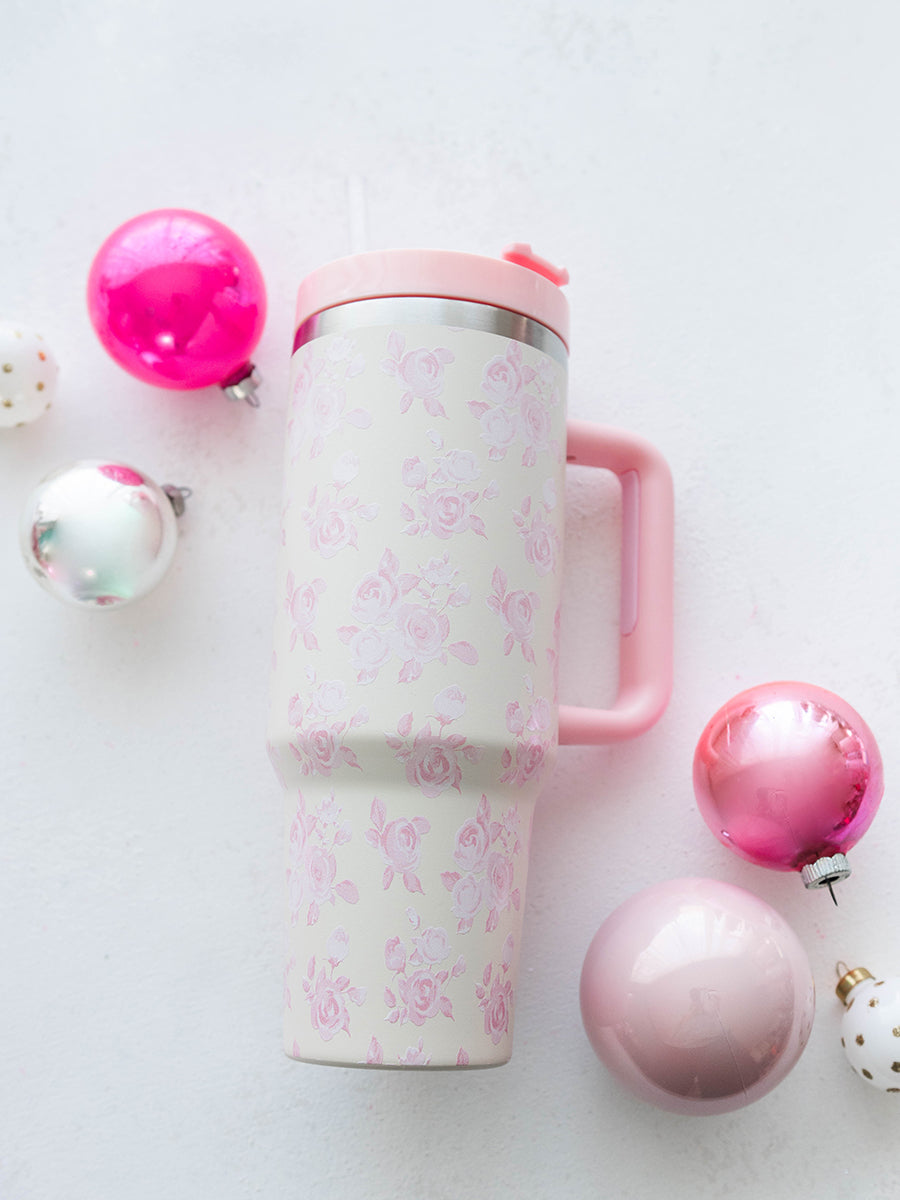 Cream with Pink Floral 40 oz. Tumbler