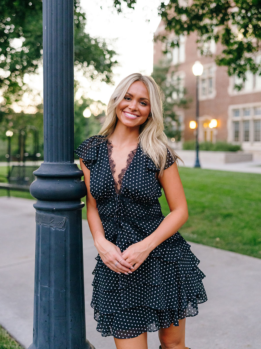 Black Polka Dot Lace Trim Mini Dress