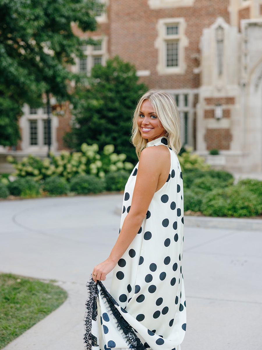 Polka Dot Lace Trim Halter Maxi Dress