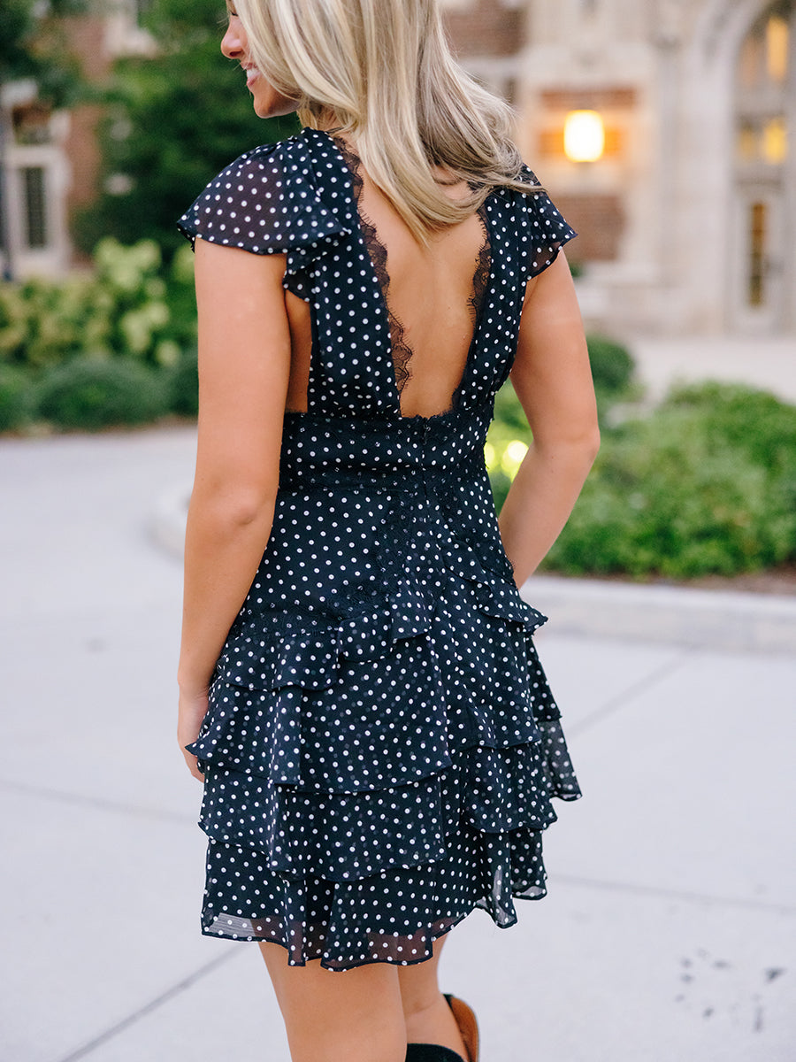 Black Polka Dot Lace Trim Mini Dress