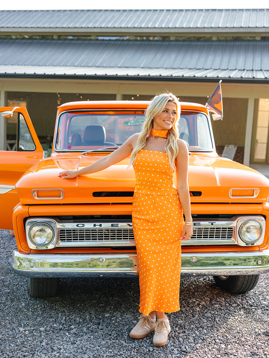 Orange polka dot maxi skirt