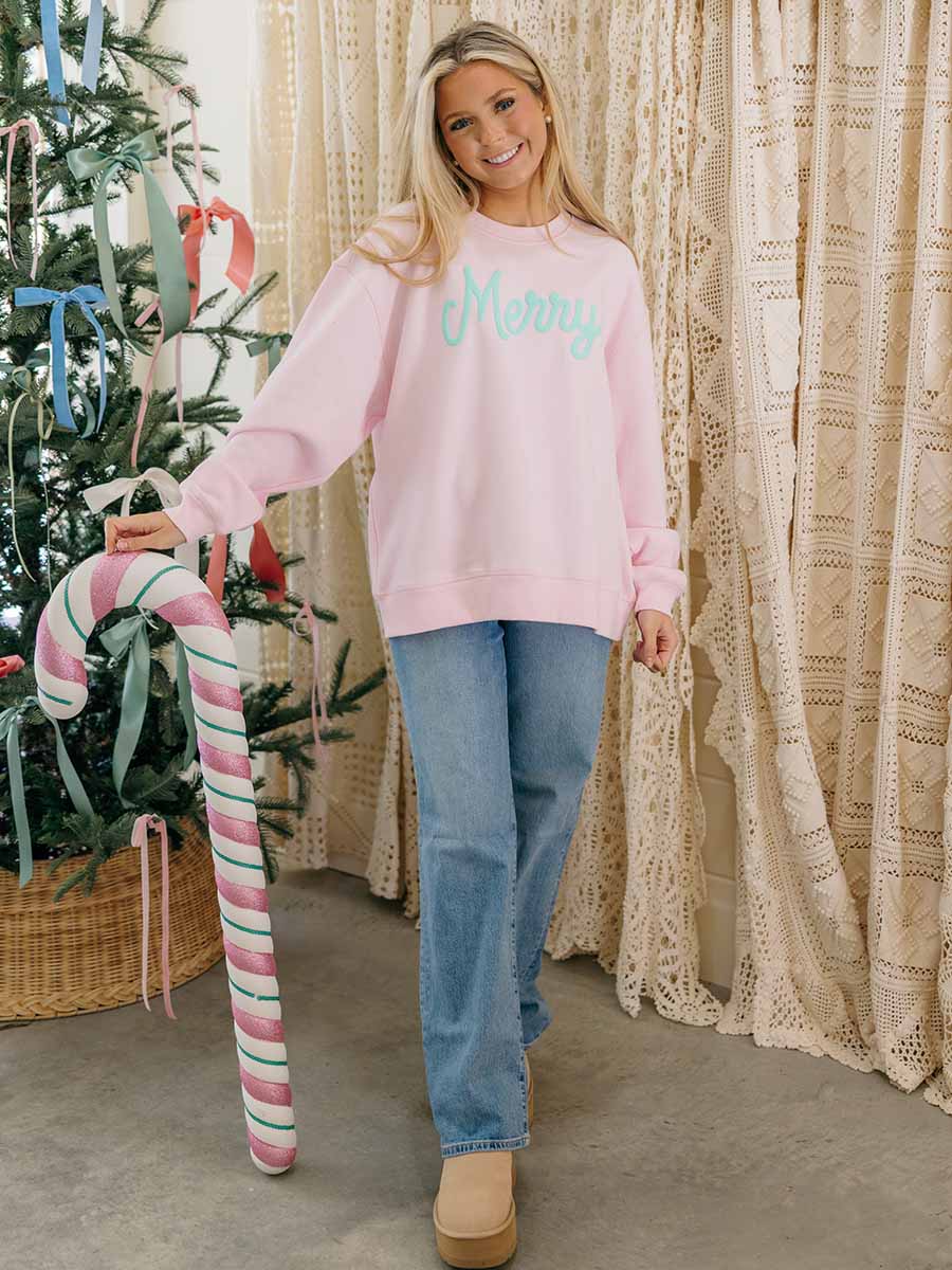 Puff Print "Merry" Crew Sweatshirt