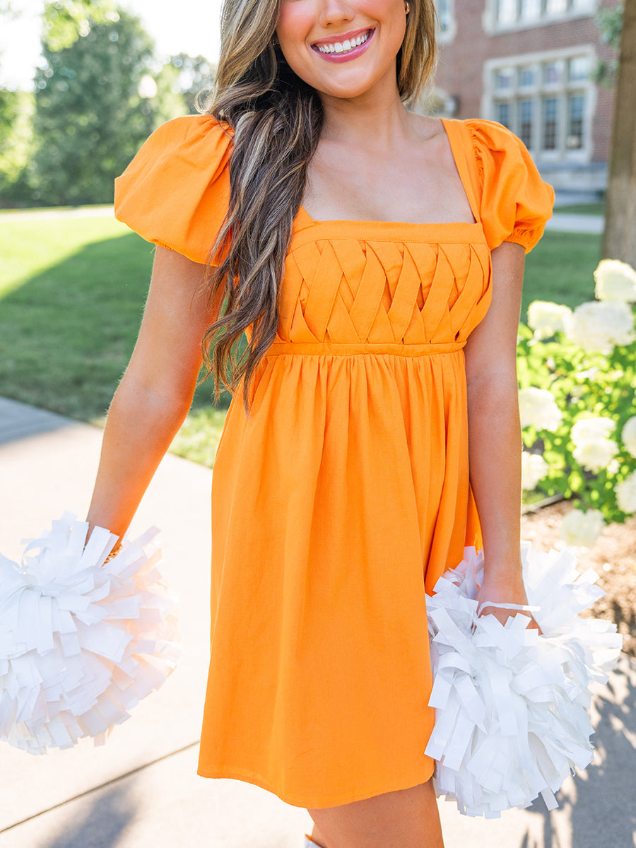 Orange Puff Sleeve Denim Mini Dress