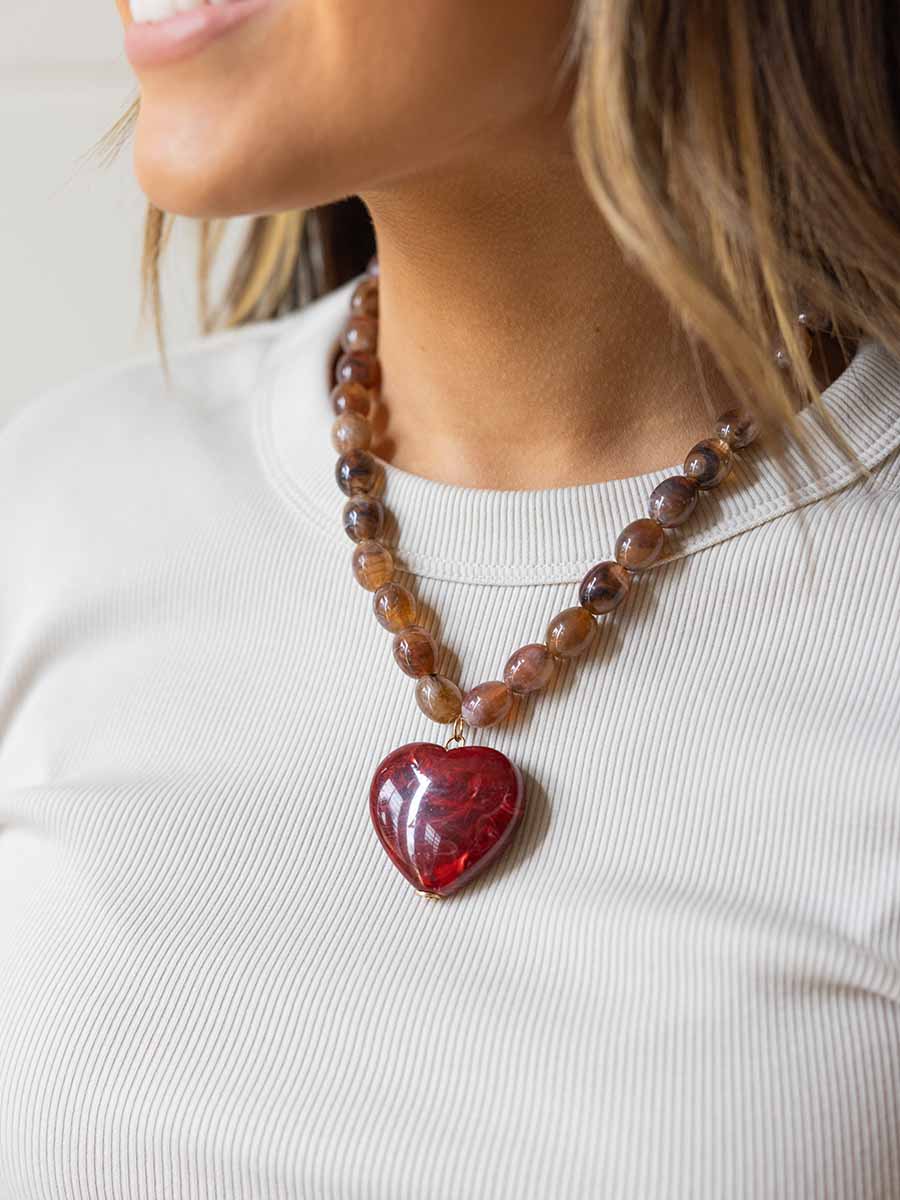 Brown bead with Red Stone Heart Necklace **Doorbuster**