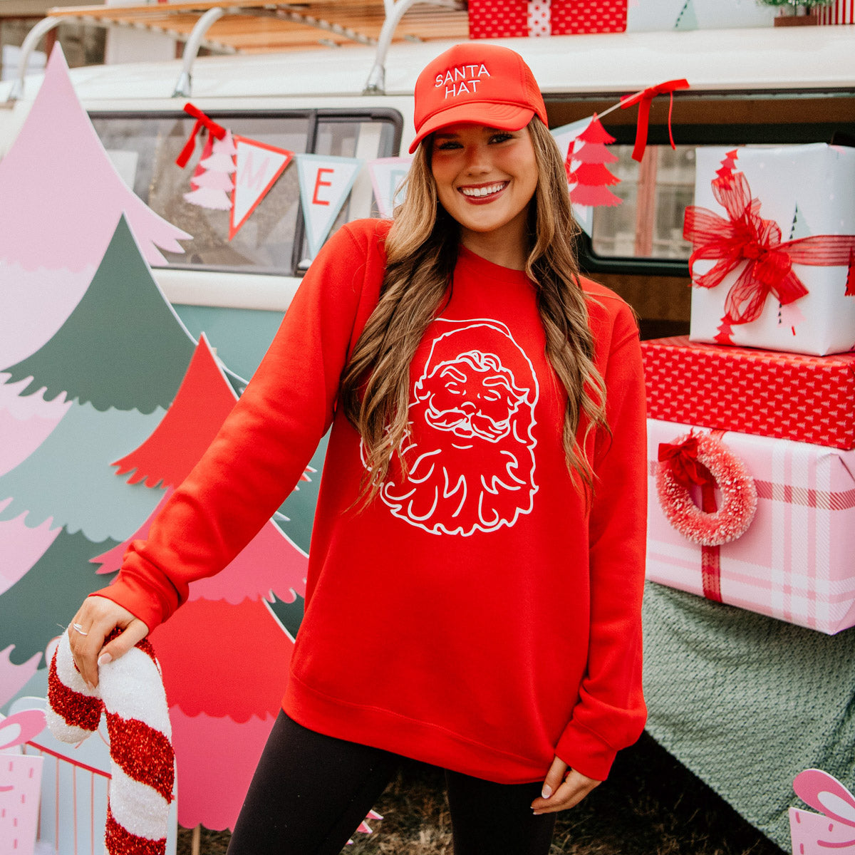 Santa Face Silhouette Crew- Red