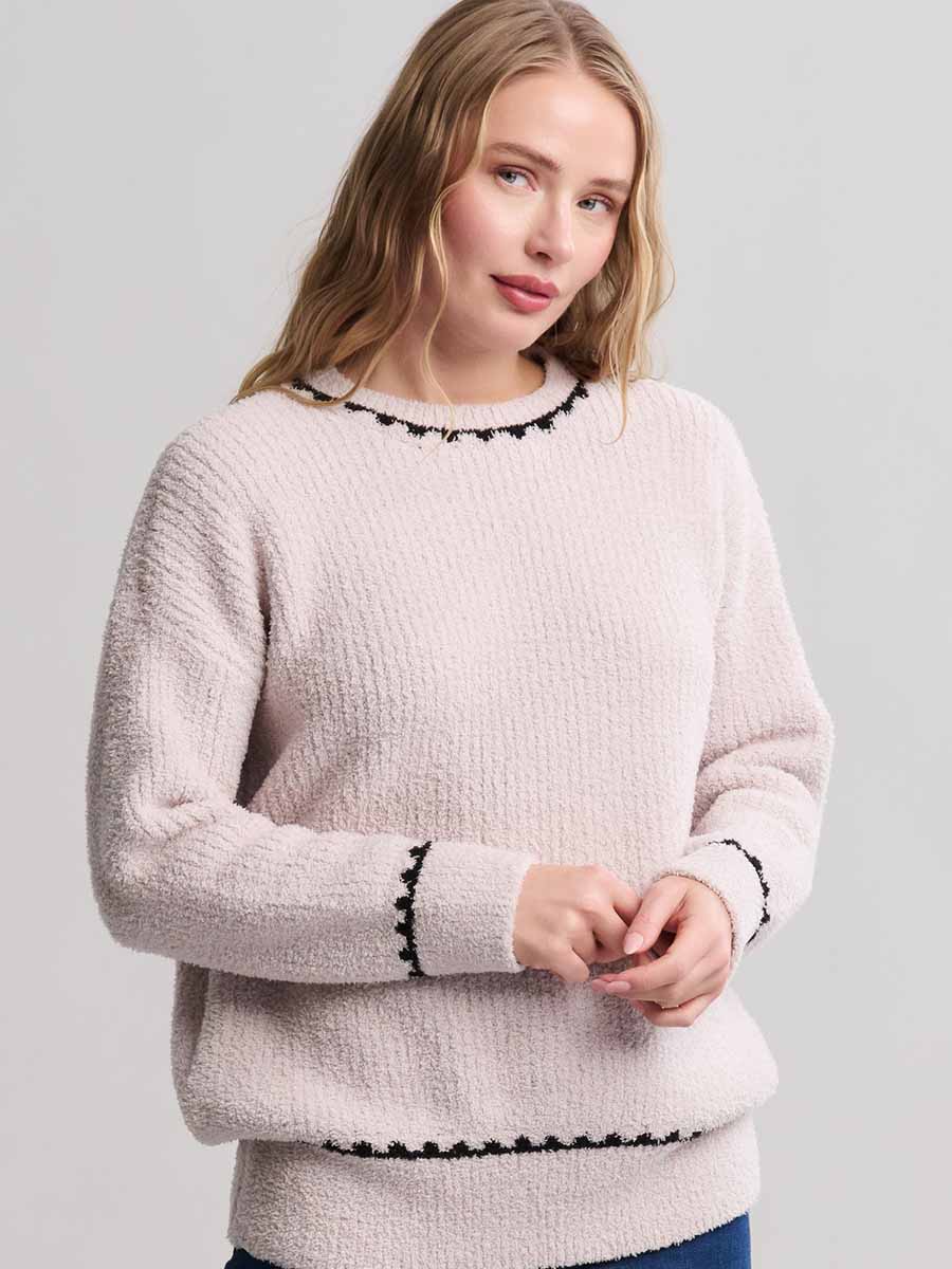 CozyChic Ribbed Sweater with Blanket Stitch, Stone